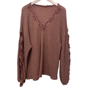 Chestnut Lace Balloon Sleeve Waffle Sweater